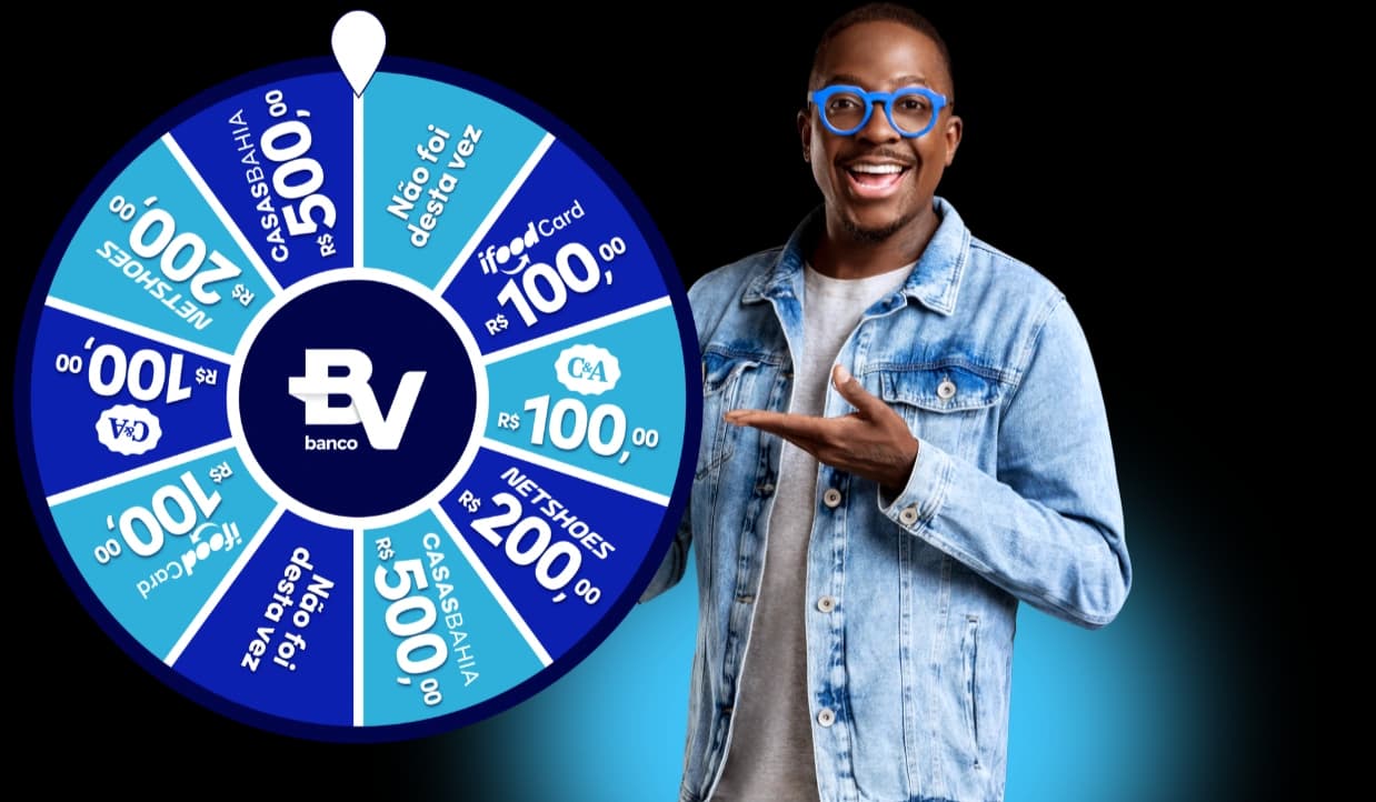 Premiações instantâneas da promoção Com o BV Eu Sou feliz, com prêmios em promocode do iFood Car, C&A, Casas Bahia e Netshoes. Cantor e influenciador mumuzinho como garoto propaganda da promoção do banco BV